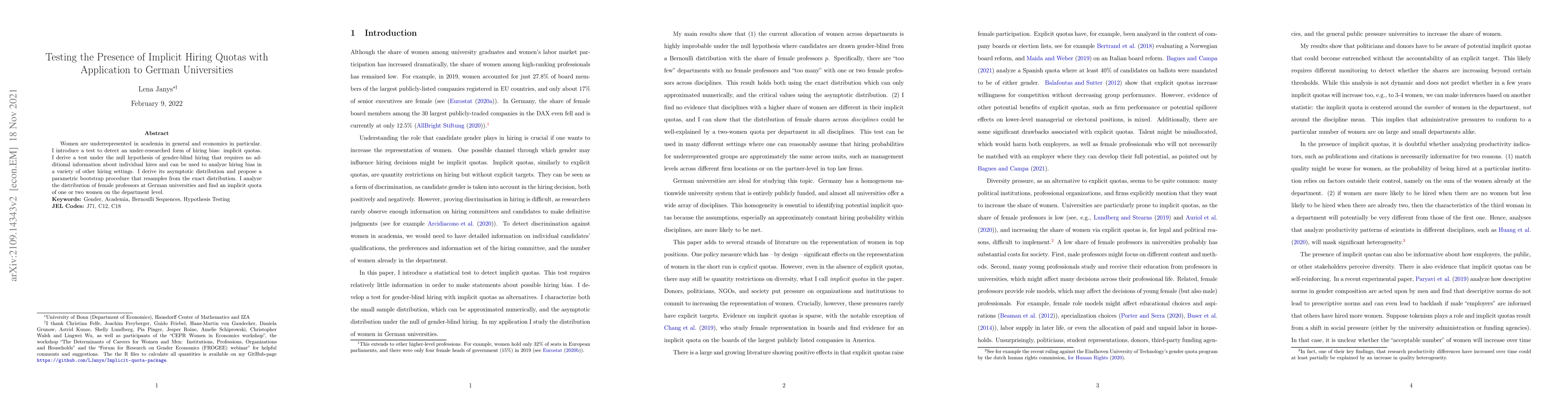 Thumbnail for Testing the Presence of Implicit Hiring Quotas with Application to
  German Universities