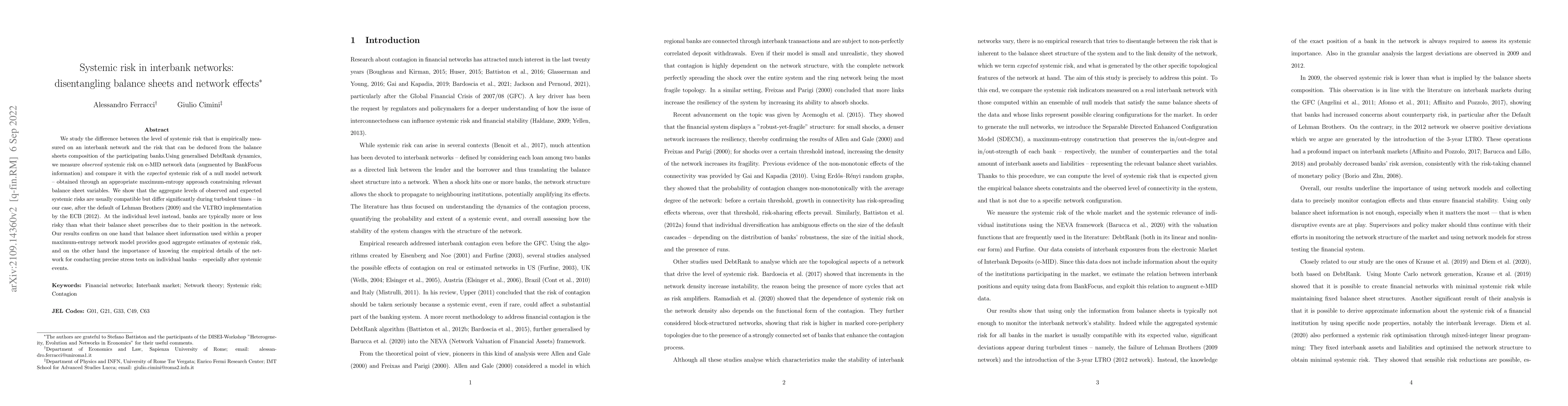 Thumbnail for Systemic risk in interbank networks: disentangling balance sheets and
  network effects
