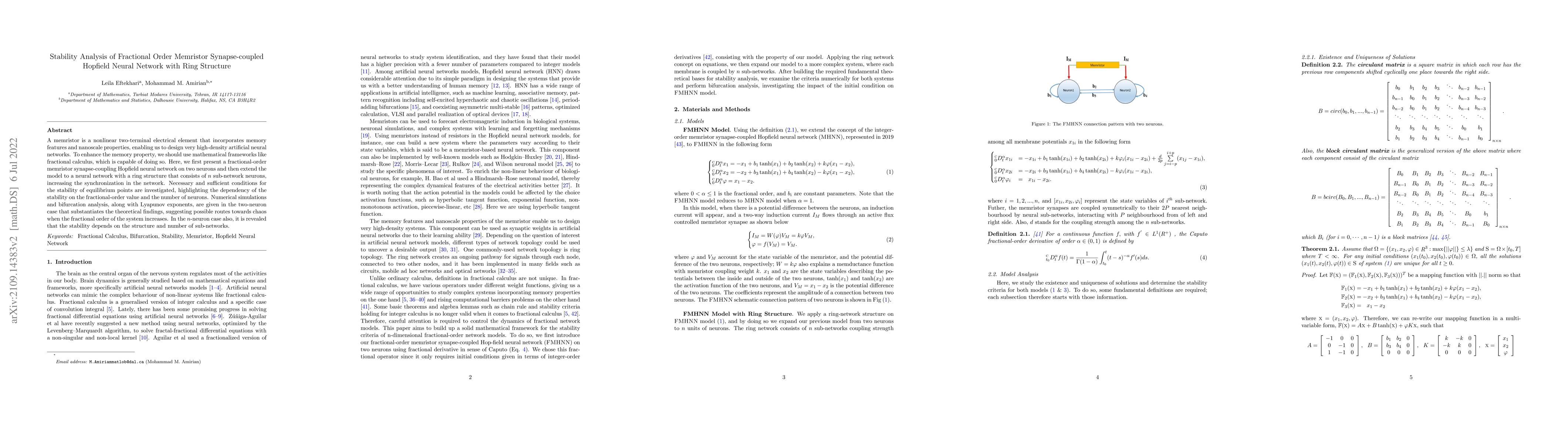 Thumbnail for Stability Analysis of Fractional Order Memristor Synapse-coupled
  Hopfield Neural Network with Ring Structure