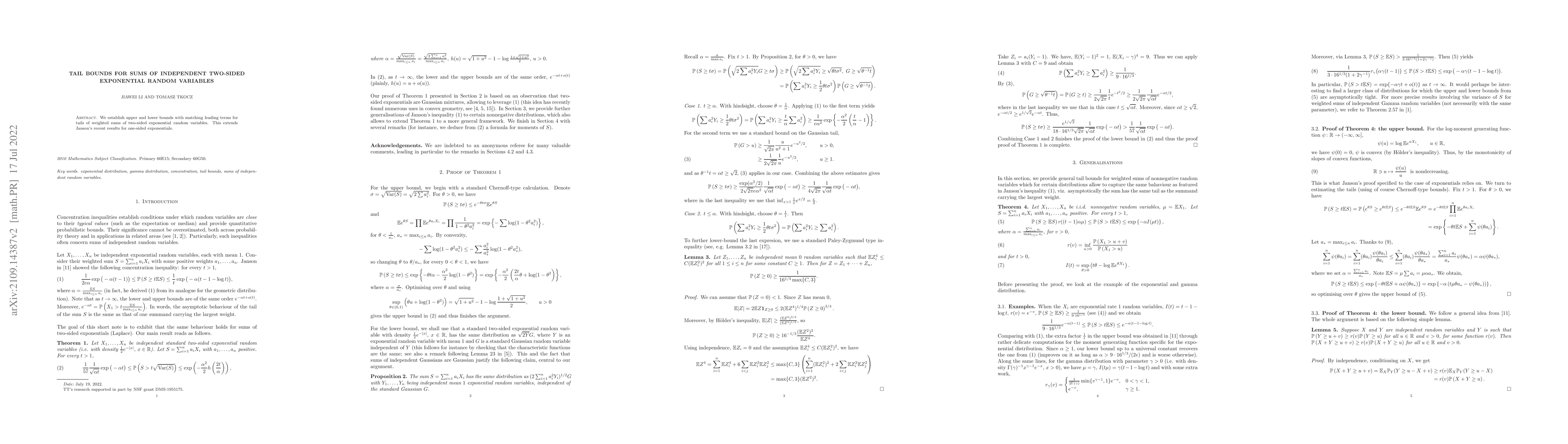 Thumbnail for Tail bounds for sums of independent two-sided exponential random
  variables