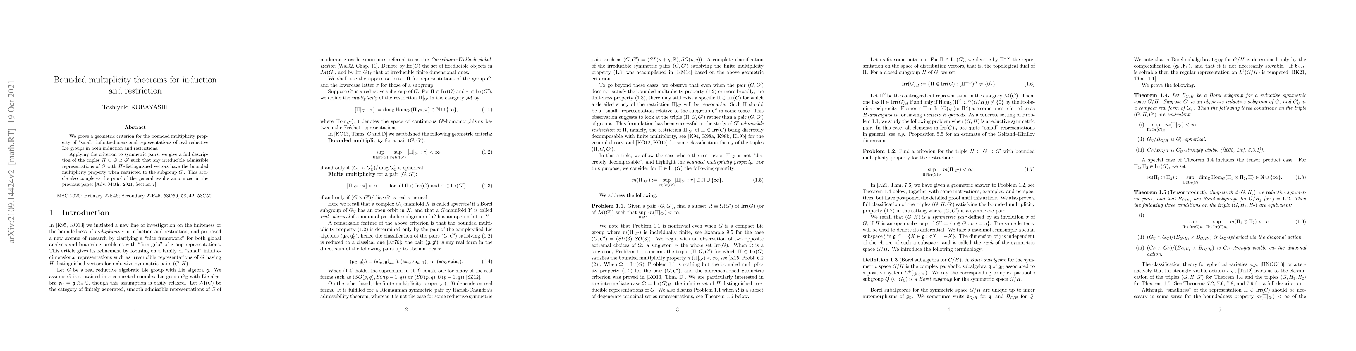 Thumbnail for Bounded multiplicity theorems for induction and restriction