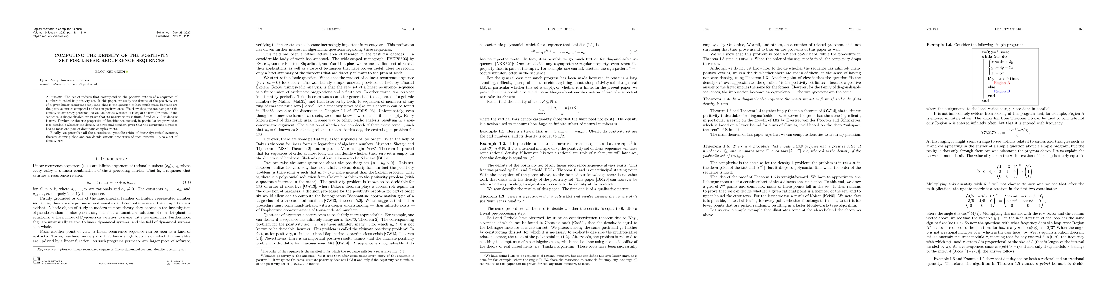 Thumbnail for Computing the Density of the Positivity Set for Linear Recurrence
  Sequences