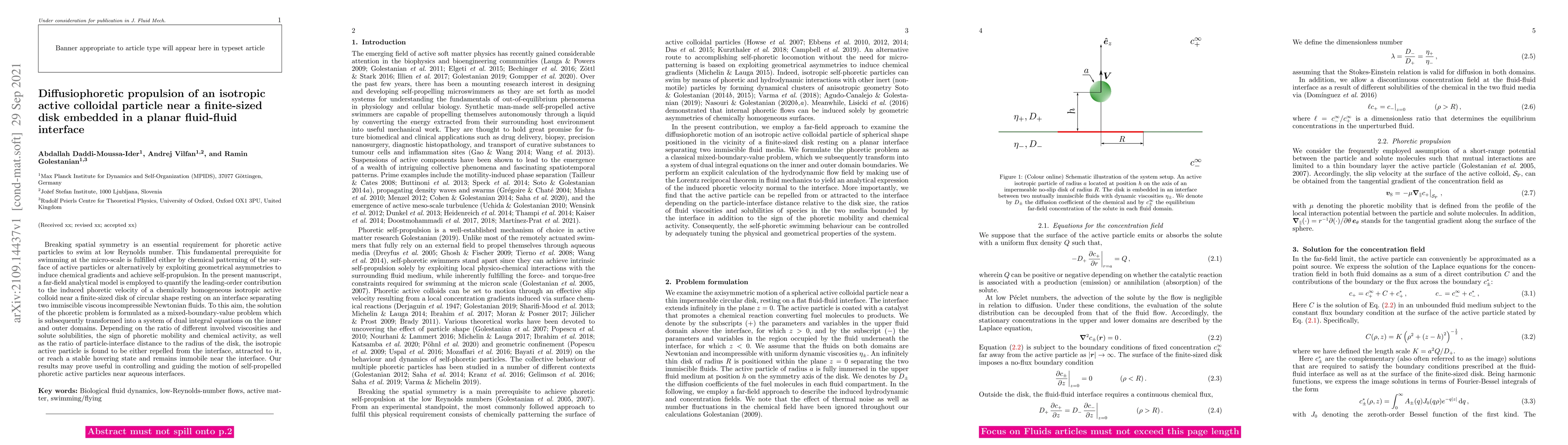Thumbnail for Diffusiophoretic propulsion of an isotropic active colloidal particle
  near a finite-sized disk embedded in a planar fluid-fluid interface