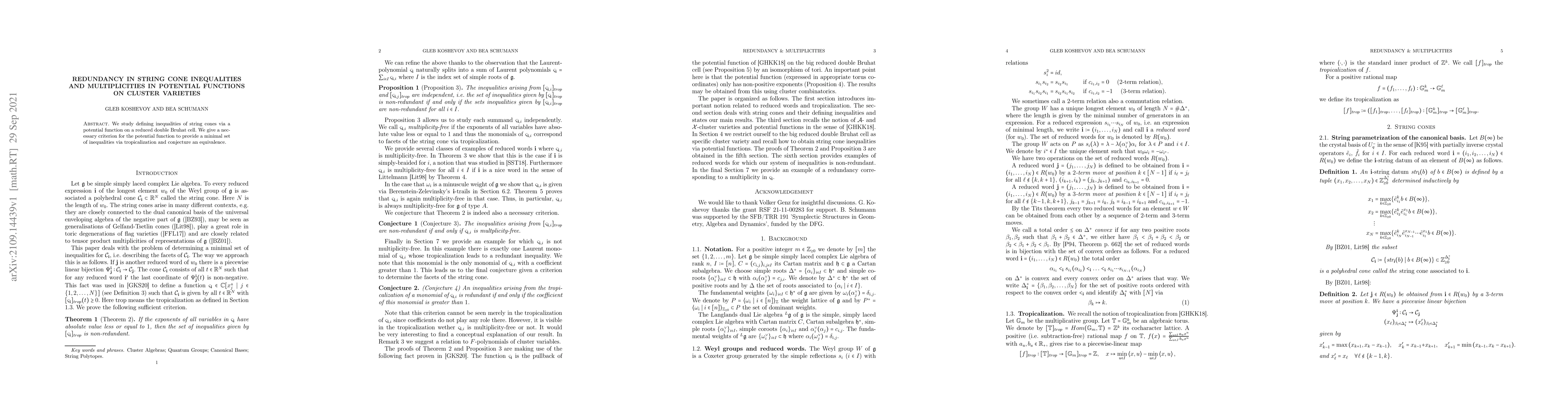 Thumbnail for Redundancy in string cone inequalities and multiplicities in potential
  functions on cluster varieties