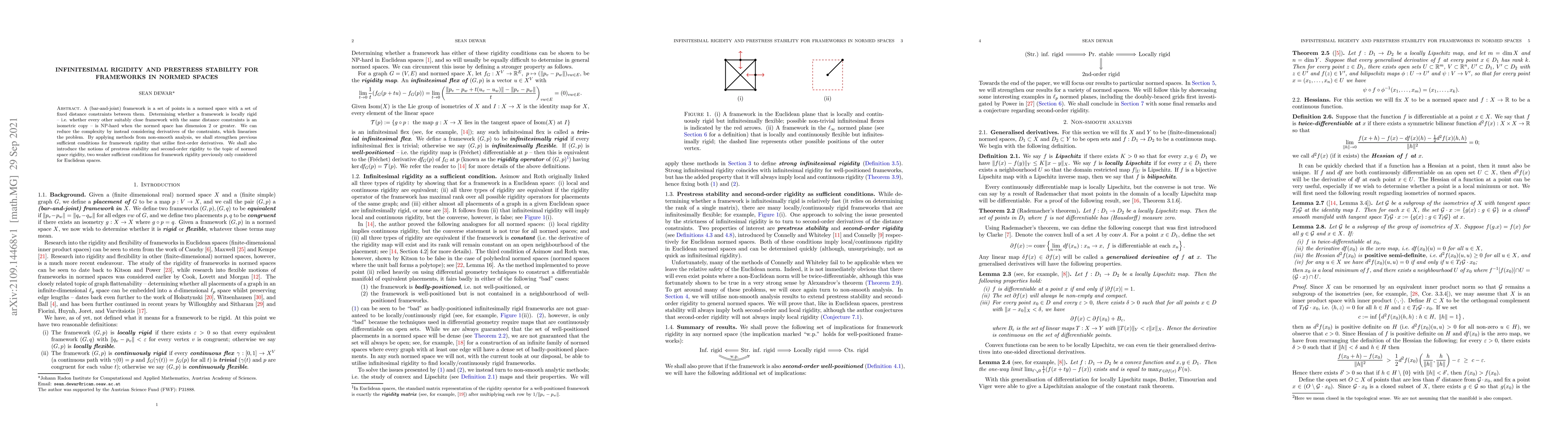 Thumbnail for Infinitesimal rigidity and prestress stability for frameworks in normed
  spaces