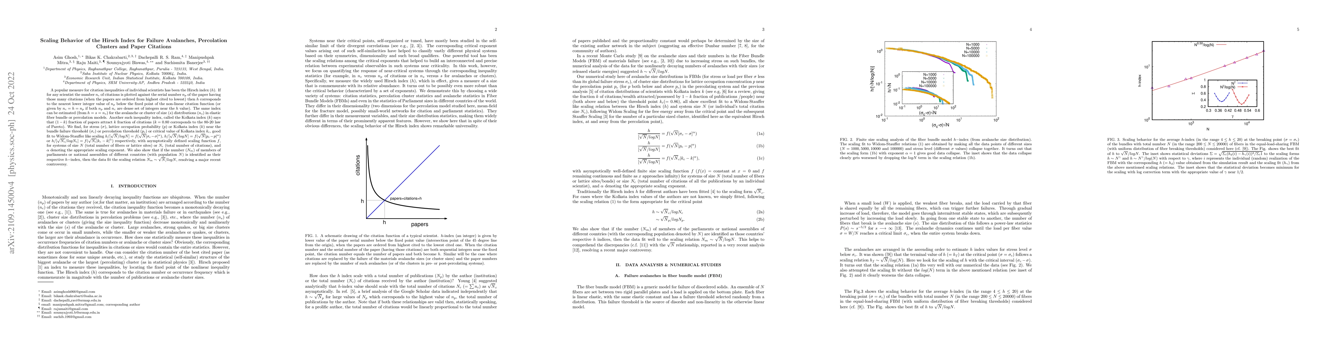 Thumbnail for Scaling Behavior of the Hirsch Index for Failure Avalanches, Percolation
  Clusters and Paper Citations