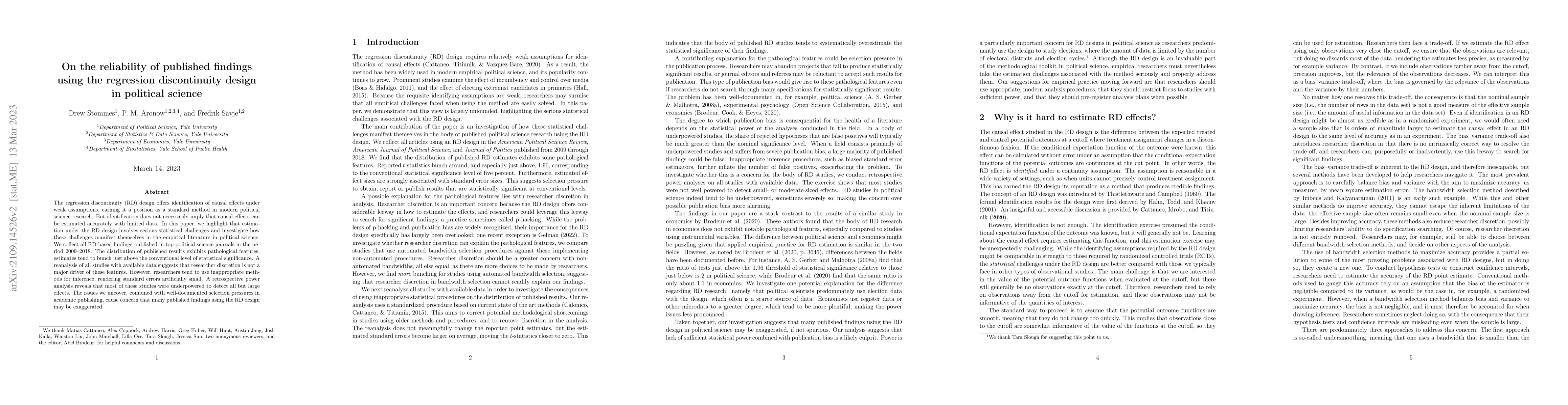 Thumbnail for On the reliability of published findings using the regression
  discontinuity design in political science