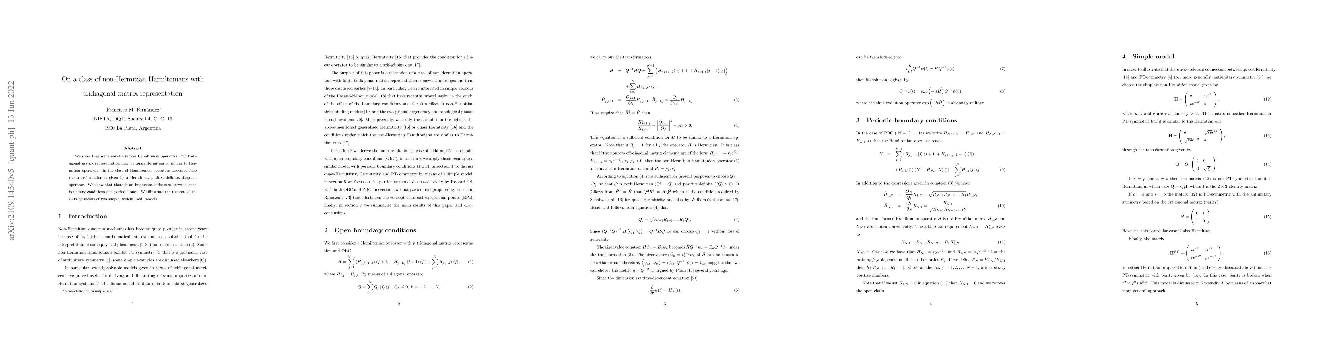 Thumbnail for On a class of non-Hermitian Hamiltonians with tridiagonal matrix
  representation