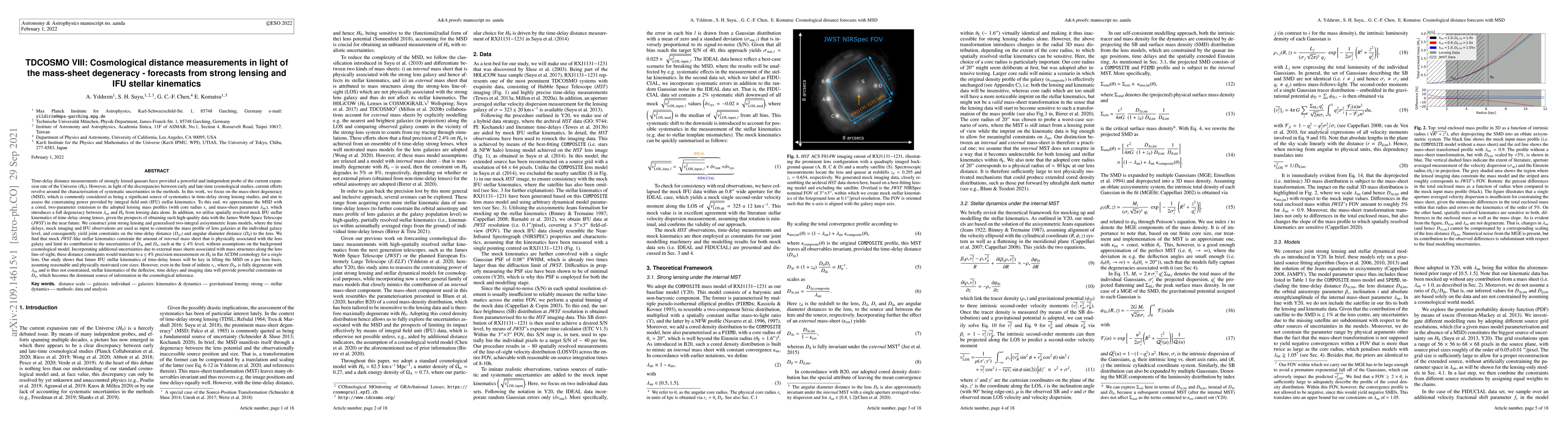 Thumbnail for TDCOSMO VIII: Cosmological distance measurements in light of the
  mass-sheet degeneracy -- forecasts from strong lensing and IFU stellar
  kinematics
