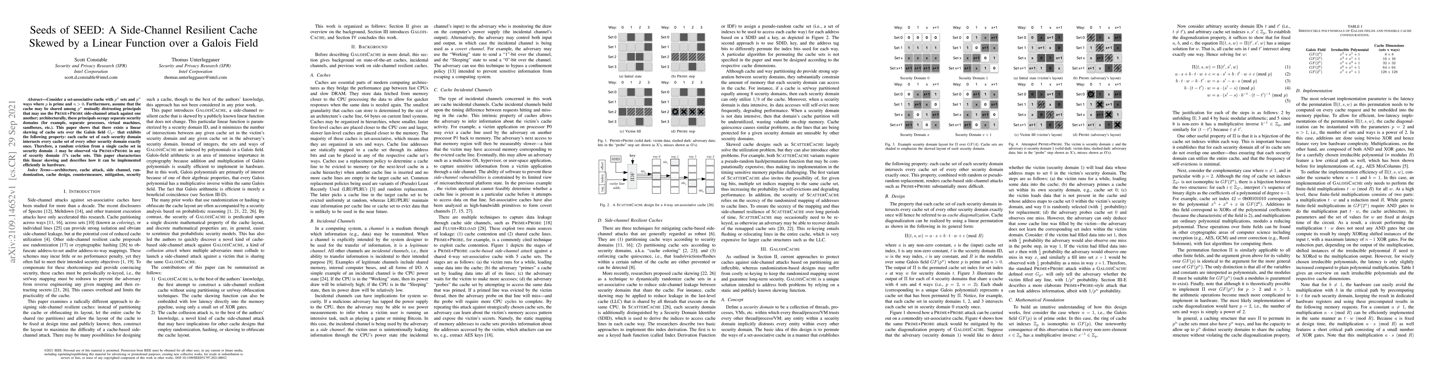 Thumbnail for Seeds of SEED: A Side-Channel Resilient Cache Skewed by a Linear
  Function over a Galois Field