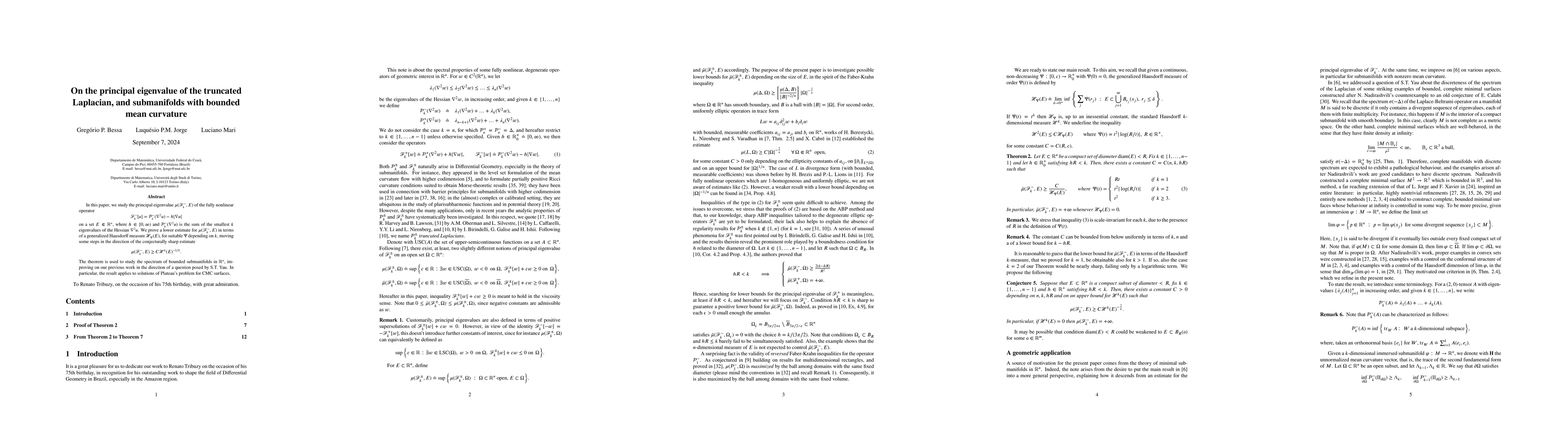 Thumbnail for On the principal eigenvalue of the truncated Laplacian, and submanifolds
  with bounded mean curvature