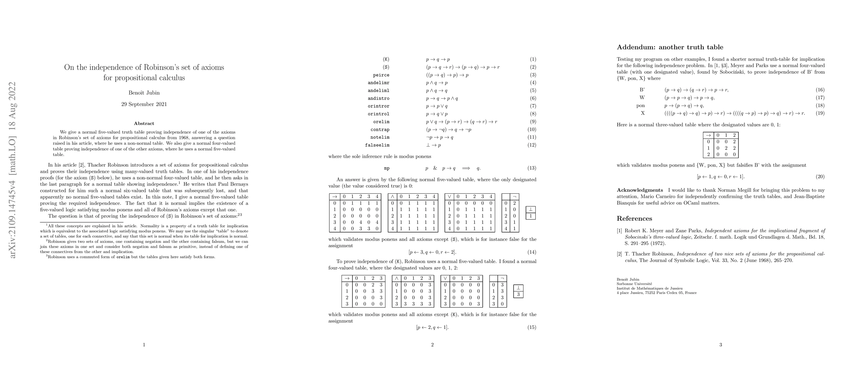 Thumbnail for On the independence of Robinson's set of axioms for propositional
  calculus