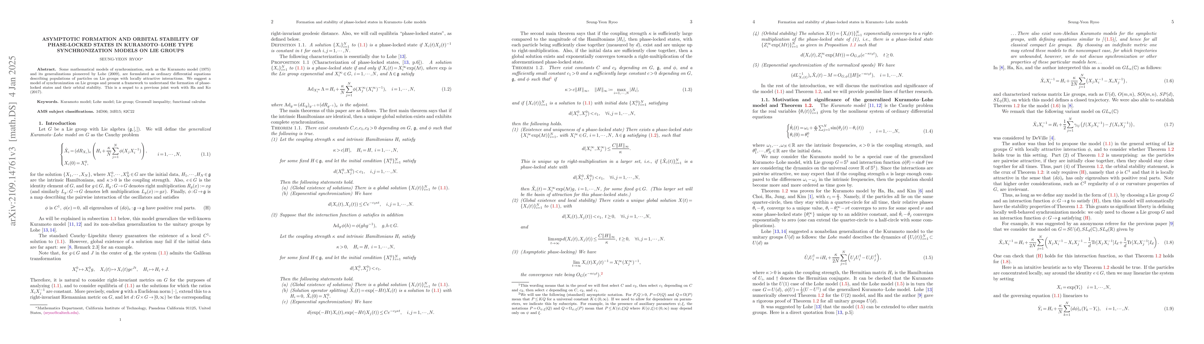 Thumbnail for Asymptotic formation and orbital stability of phase-locked states in
  Kuramoto--Lohe type synchronization models on Lie groups
