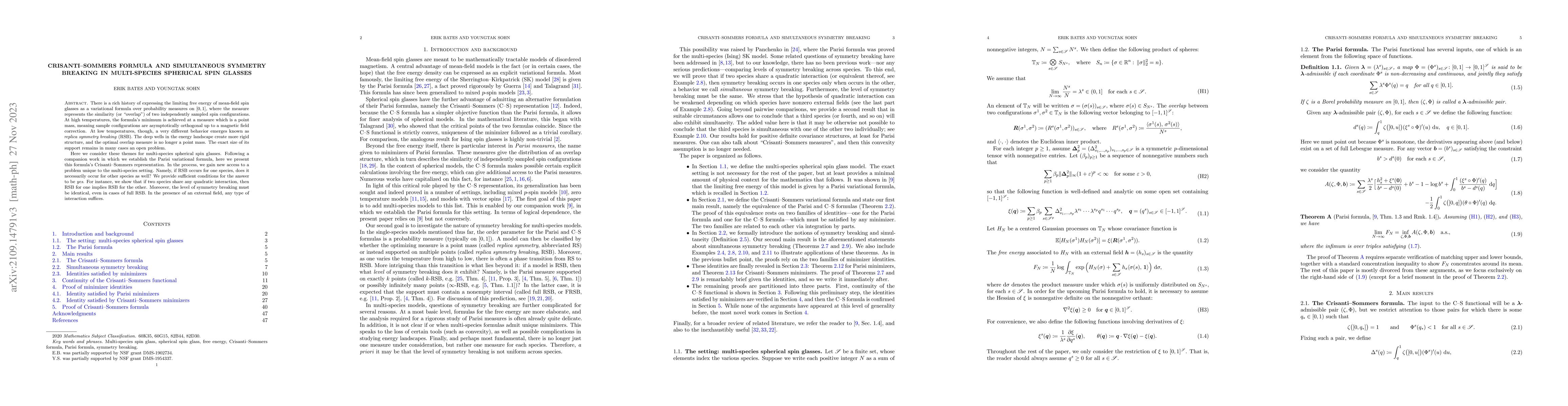 Thumbnail for Crisanti-Sommers formula and simultaneous symmetry breaking in
  multi-species spherical spin glasses