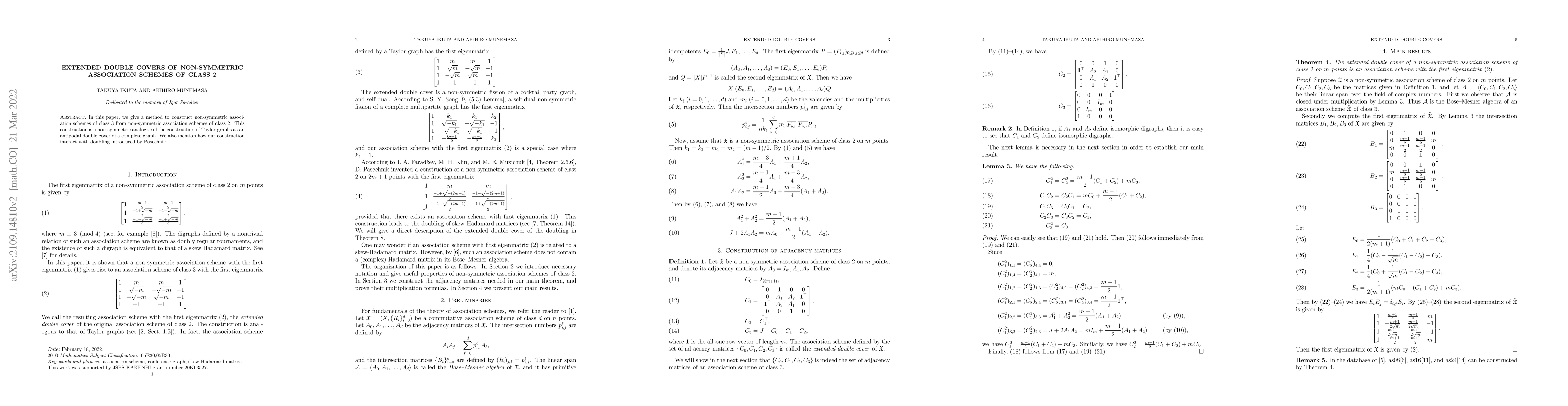 Thumbnail for Extended double covers of non-symmetric association schemes of class $2$