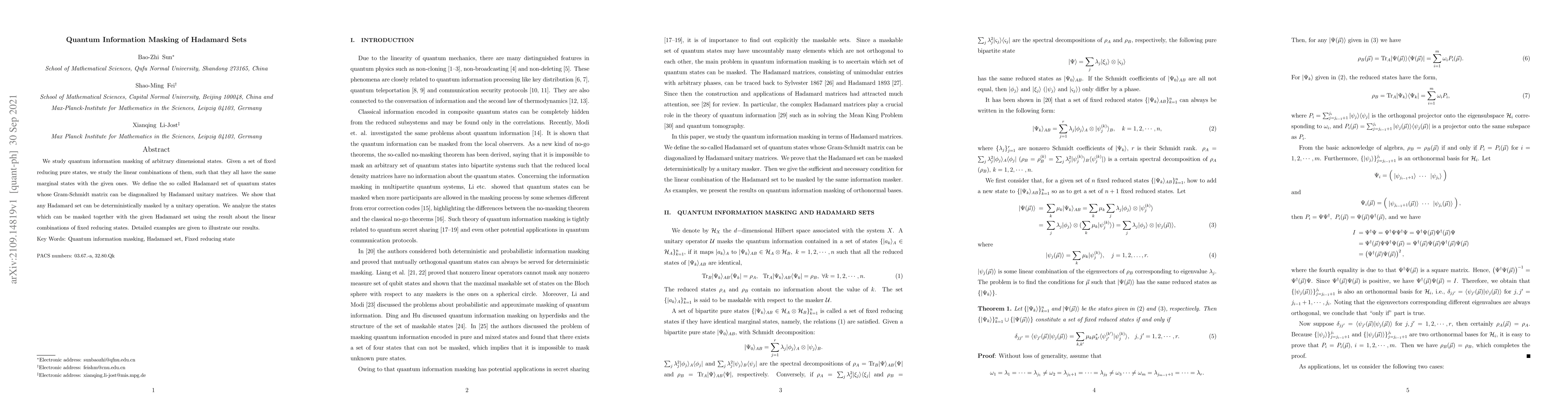 Thumbnail for Quantum Information Masking of Hadamard Sets