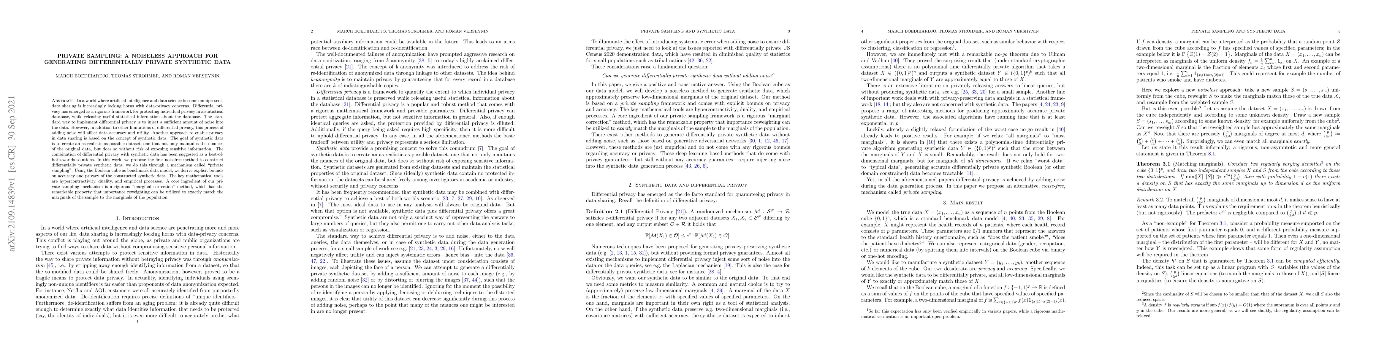 Thumbnail for Private sampling: a noiseless approach for generating differentially
  private synthetic data