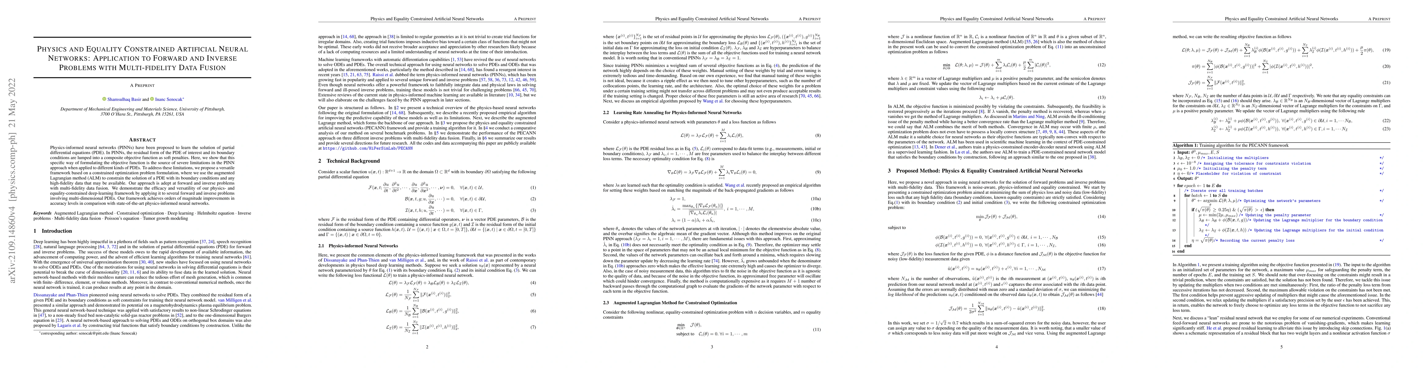 Thumbnail for Physics and Equality Constrained Artificial Neural Networks: Application
  to Forward and Inverse Problems with Multi-fidelity Data Fusion