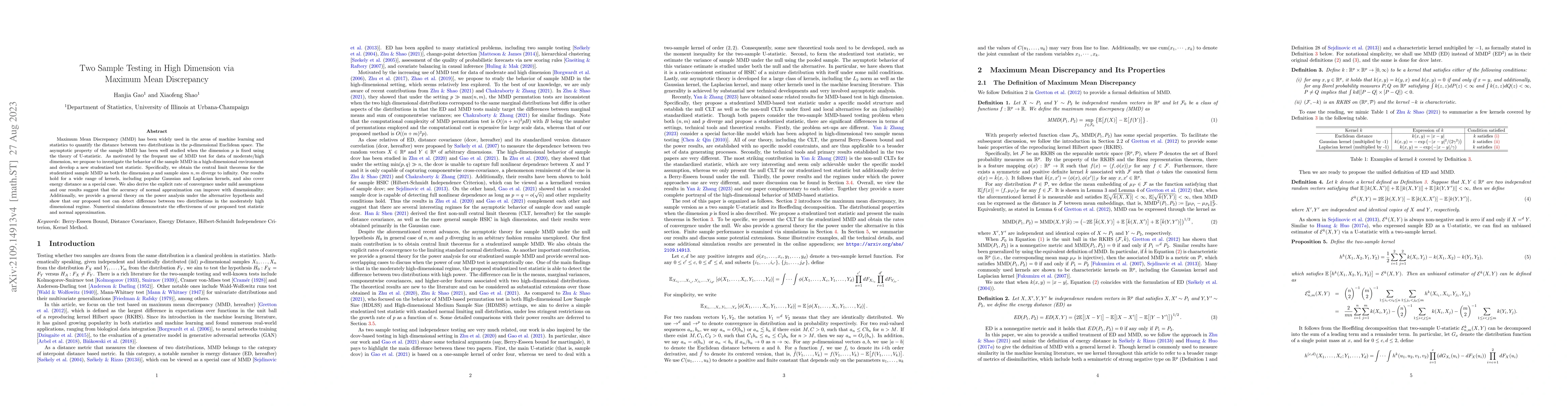 Thumbnail for Two Sample Testing in High Dimension via Maximum Mean Discrepancy