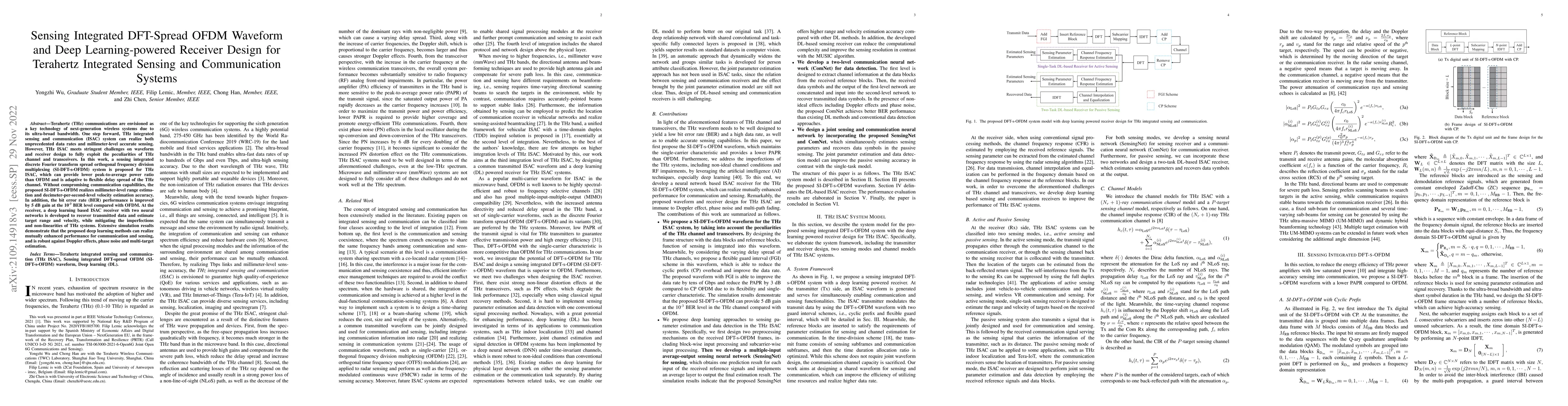 Thumbnail for Sensing Integrated DFT-Spread OFDM Waveform and Deep Learning-powered
  Receiver Design for Terahertz Integrated Sensing and Communication Systems