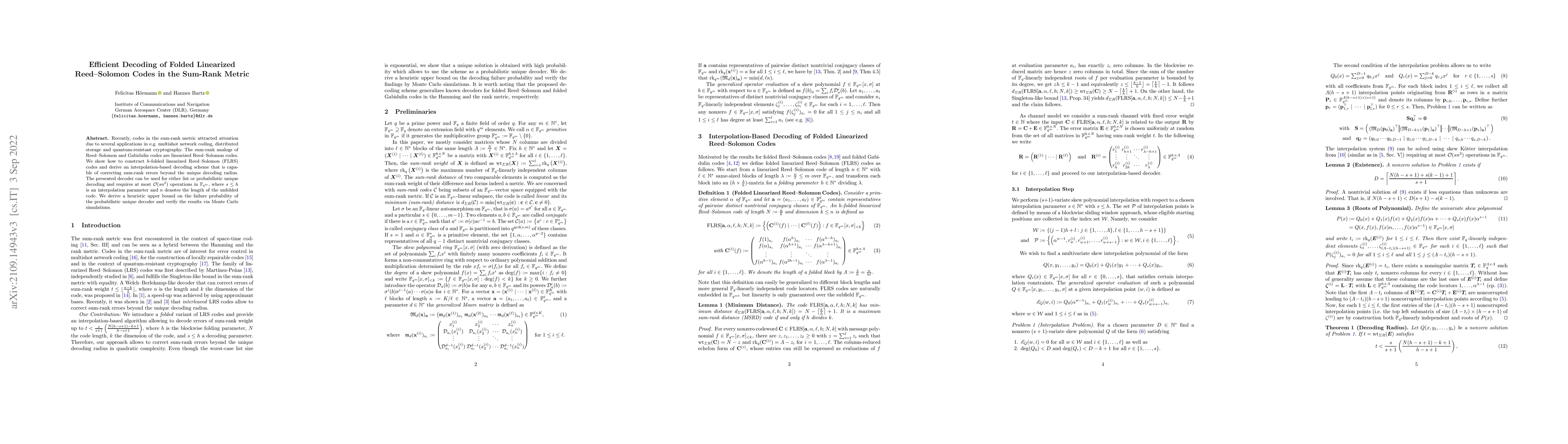 Thumbnail for Efficient Decoding of Folded Linearized Reed-Solomon Codes in the
  Sum-Rank Metric