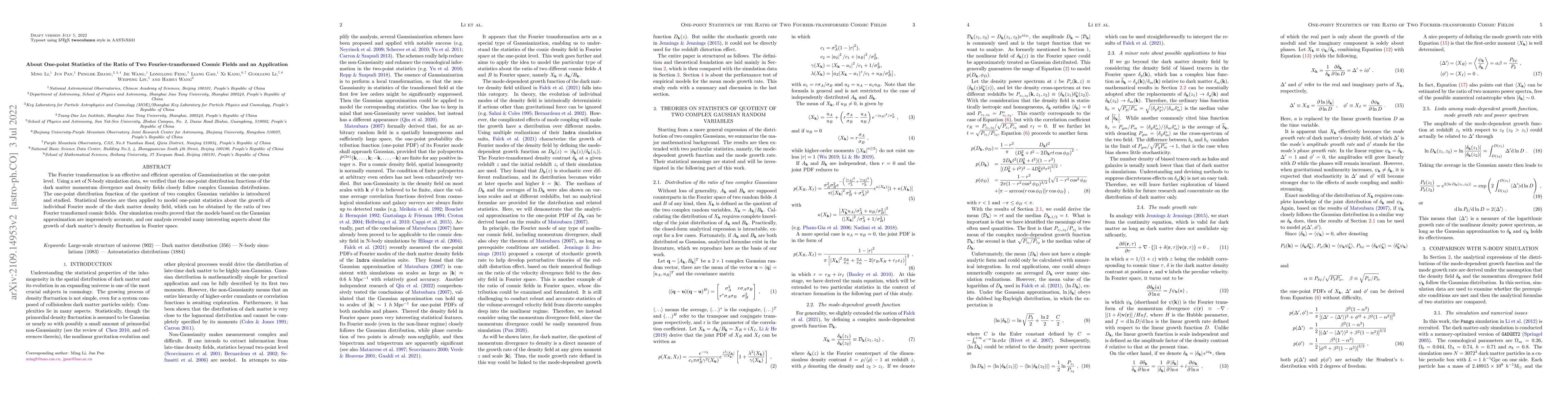Thumbnail for About One-point Statistics of the Ratio of Two Fourier-transformed
  Cosmic Fields and an Application