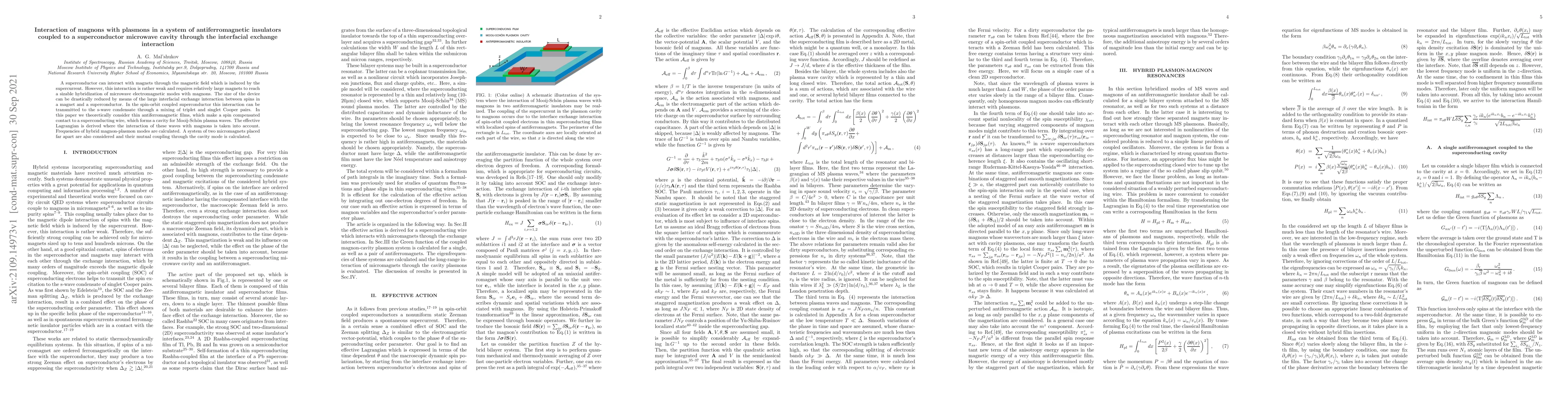 Thumbnail for Interaction of magnons with plasmons in a system of antiferromagnetic
  insulators coupled to a superconductor microwave cavity through the
  interfacial exchange interaction