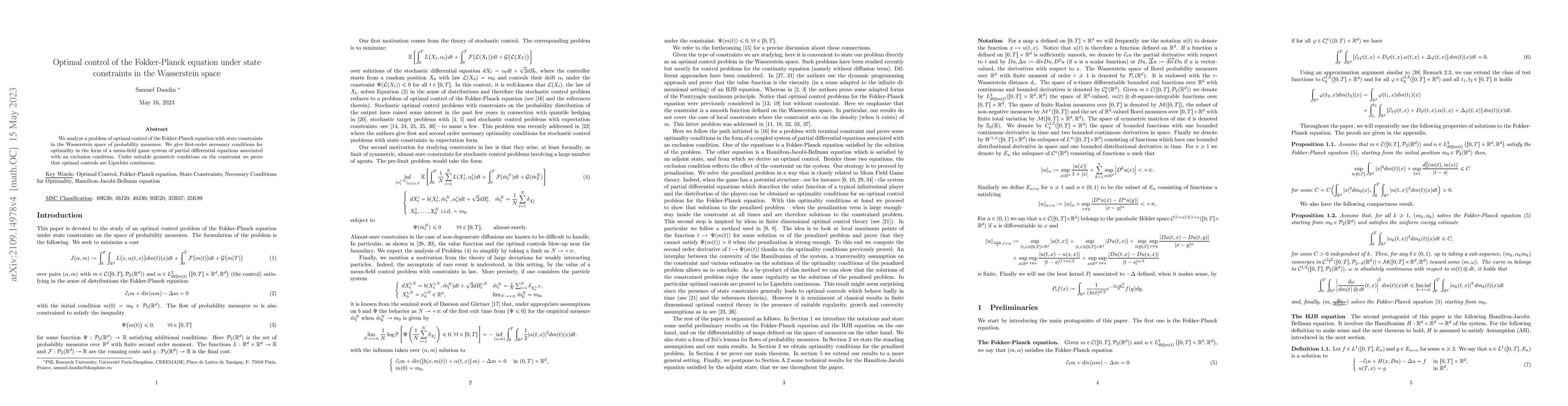 Thumbnail for Optimal control of the Fokker-Planck equation under state constraints in
  the Wasserstein space