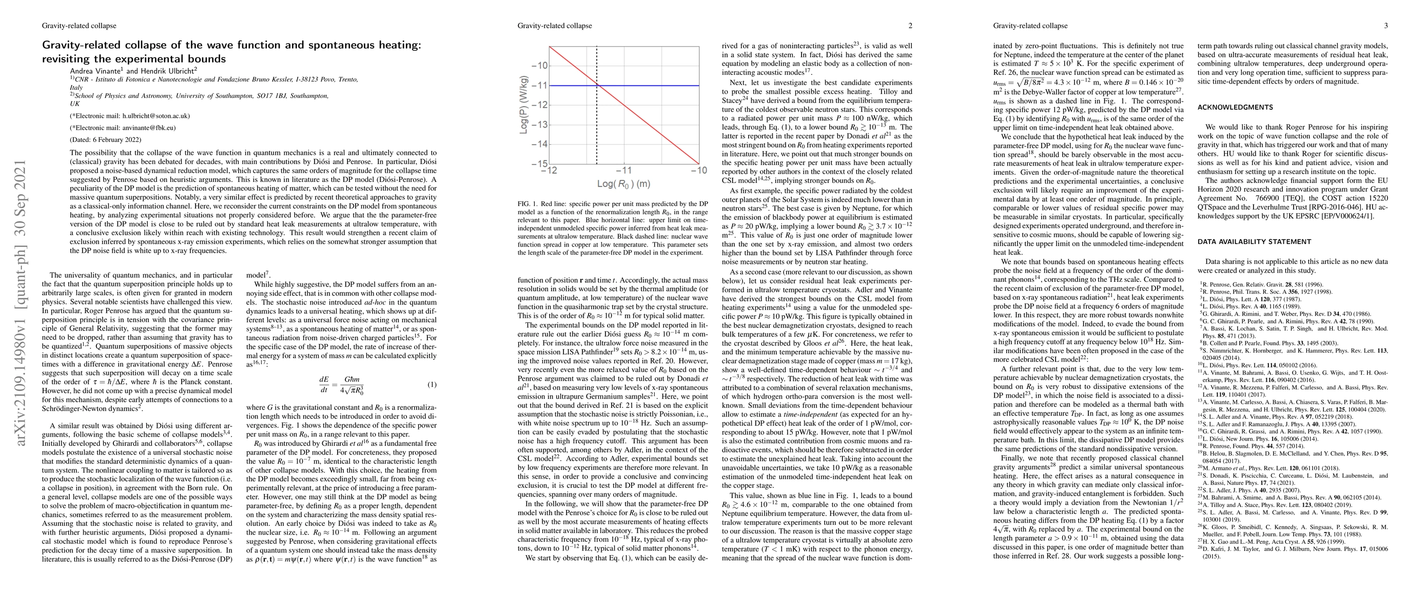 Thumbnail for Gravity-related collapse of the wave function and spontaneous heating:
  revisiting the experimental bounds