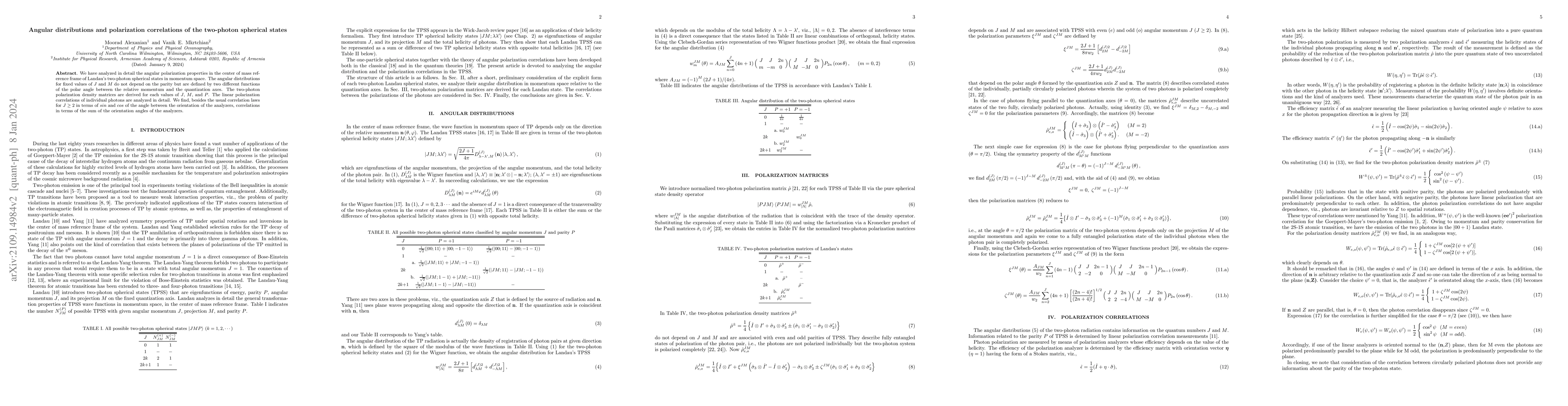 Thumbnail for Angular distributions and polarization correlations of the two-photon
  spherical states