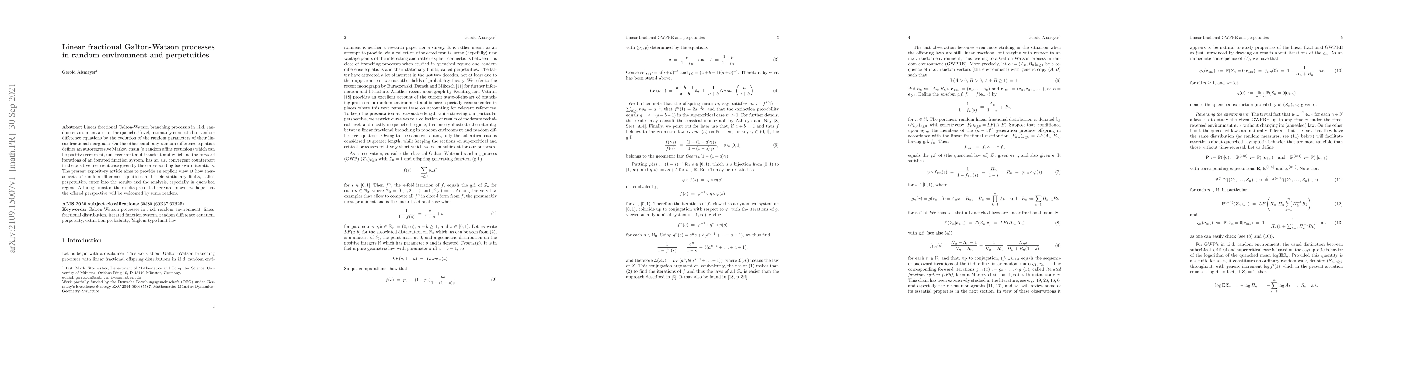Thumbnail for Linear fractional Galton-Watson processes in random environment and
  perpetuities