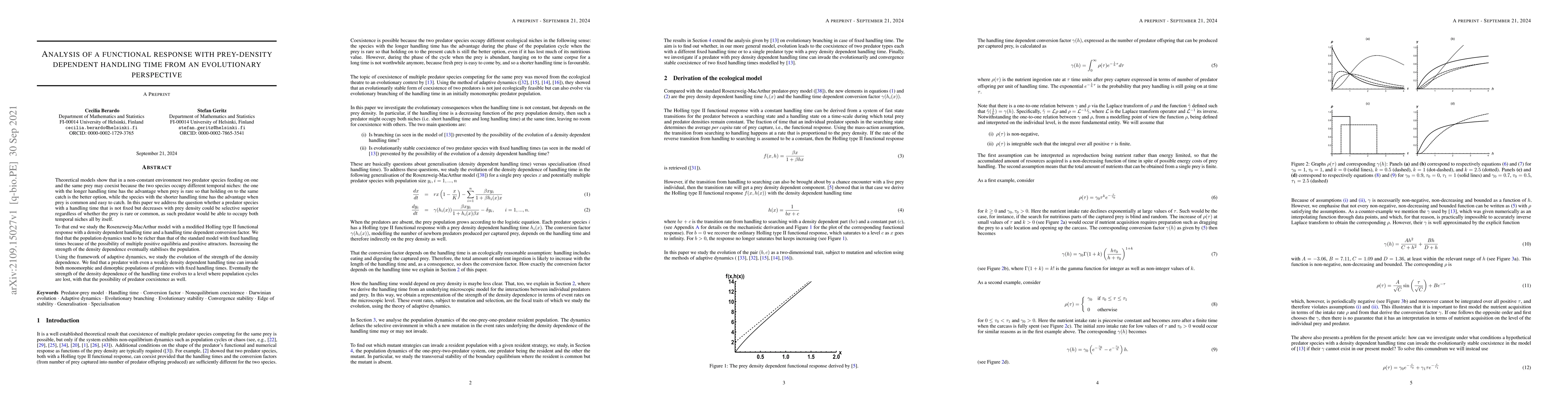 Thumbnail for Analysis of a functional response with prey-density dependent handling
  time from an evolutionary perspective