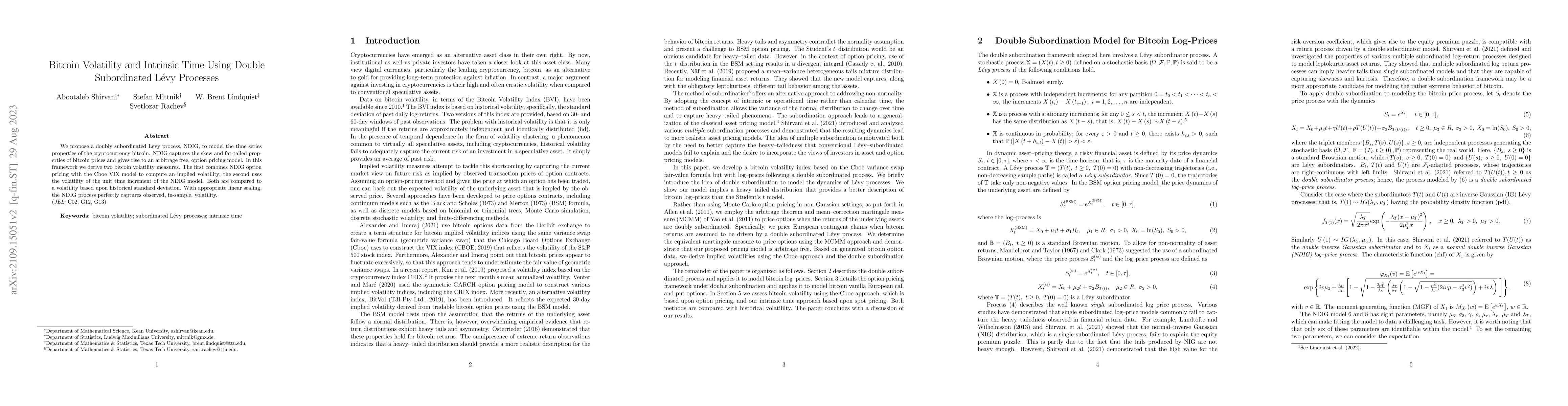 Thumbnail for Bitcoin Volatility and Intrinsic Time Using Double Subordinated Levy
  Processes