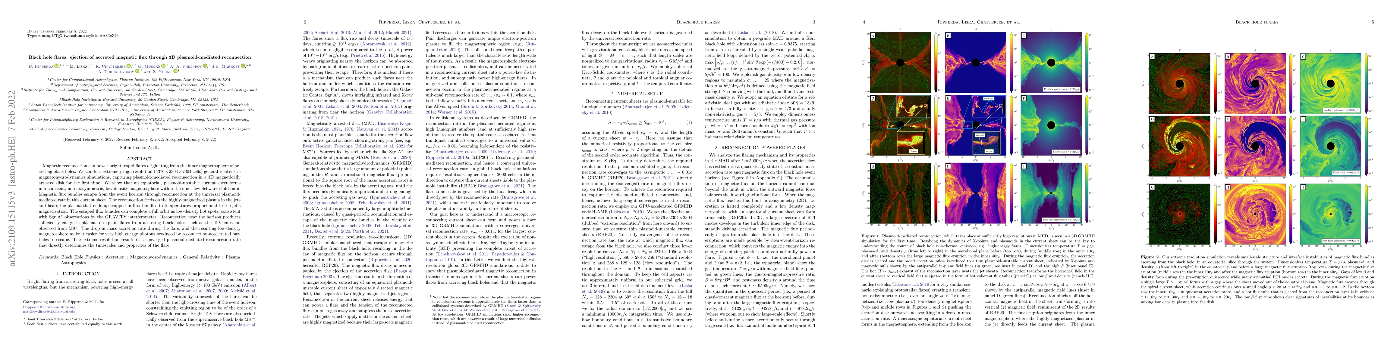 Thumbnail for Black hole flares: ejection of accreted magnetic flux through 3D
  plasmoid-mediated reconnection