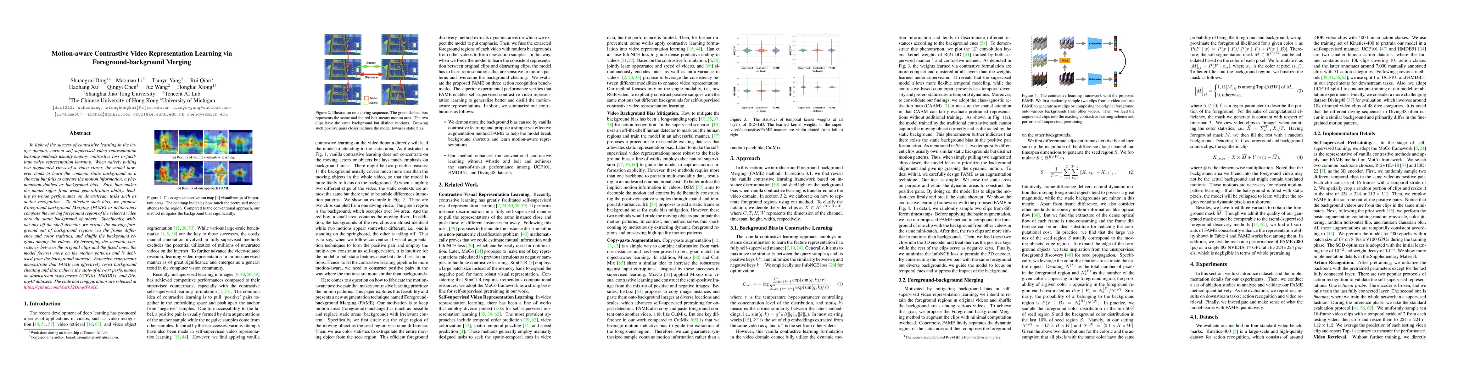 Thumbnail for Motion-aware Contrastive Video Representation Learning via
  Foreground-background Merging