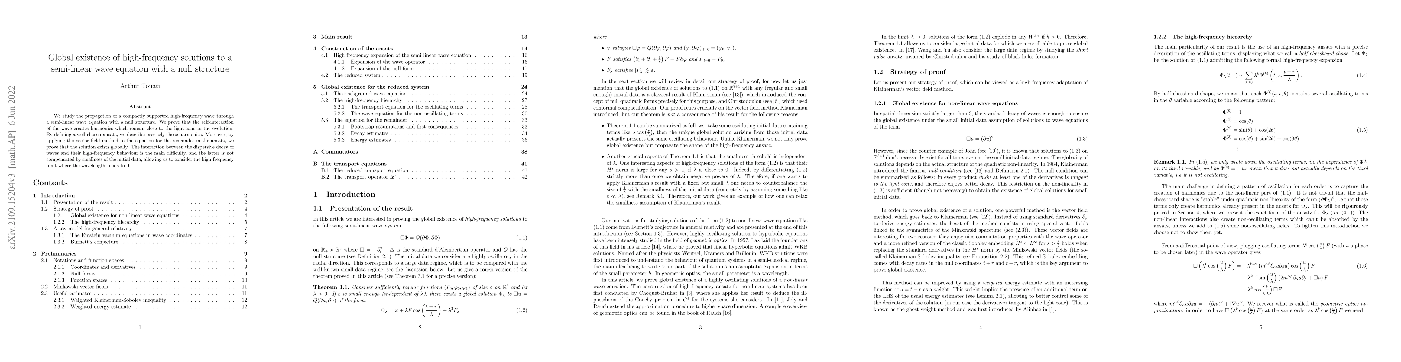 Thumbnail for Global existence of high-frequency solutions to a semi-linear wave
  equation with a null structure