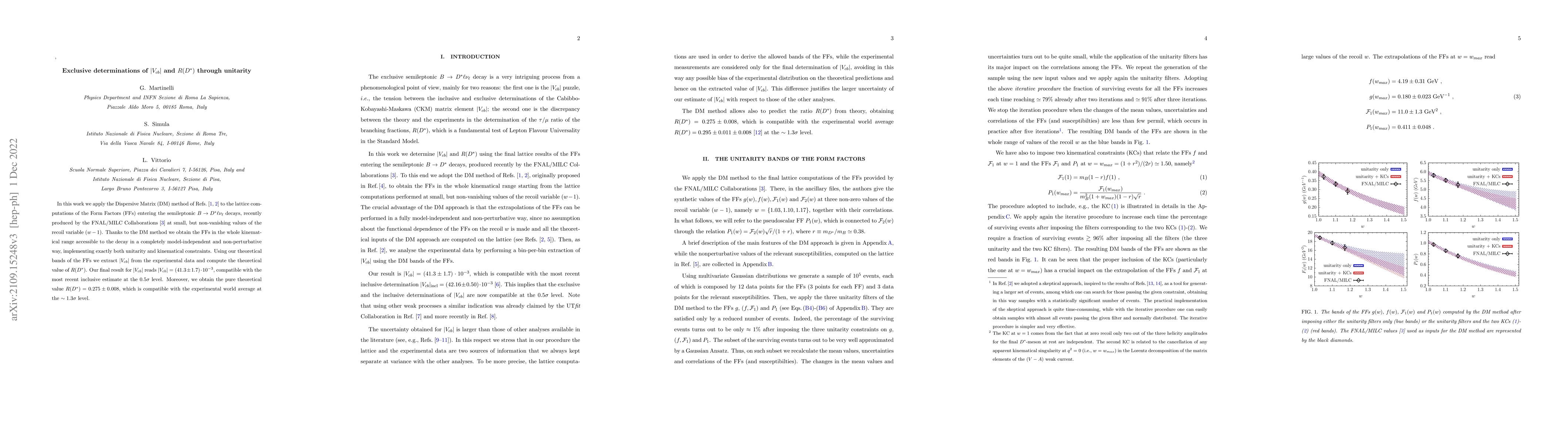 Thumbnail for Exclusive determinations of $\vert V_{cb} \vert$ and $R(D^{*})$ through
  unitarity