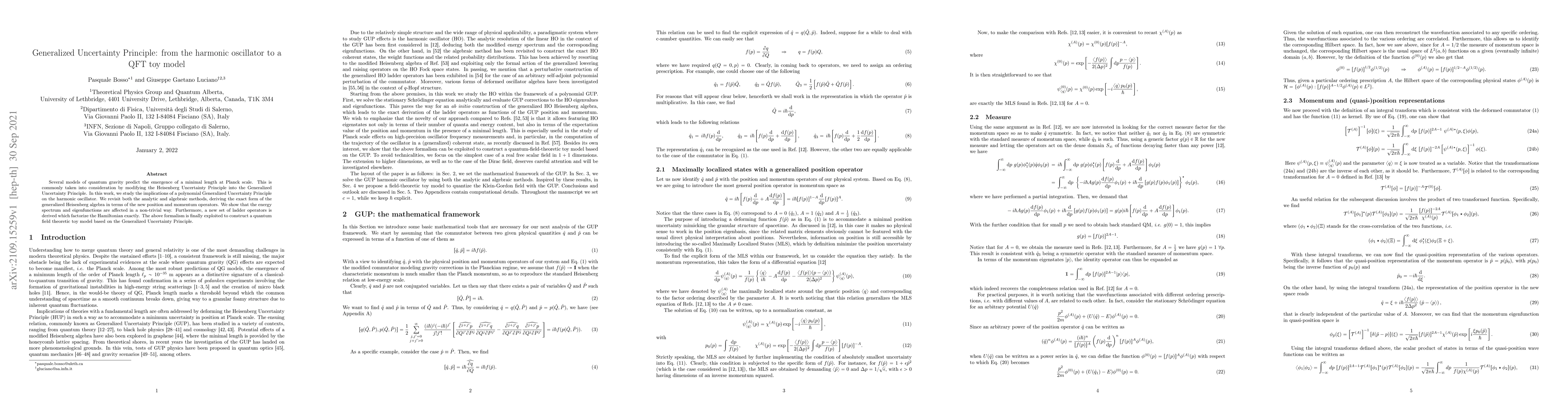 Thumbnail for Generalized Uncertainty Principle: from the harmonic oscillator to a QFT
  toy model