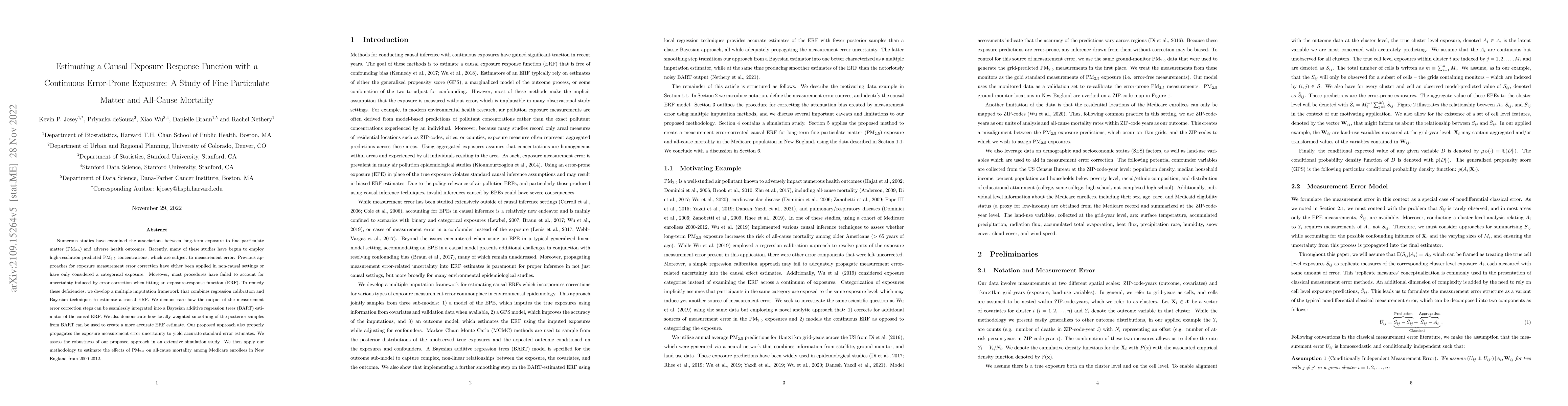 Thumbnail for Estimating a Causal Exposure Response Function with a Continuous
  Error-Prone Exposure: A Study of Fine Particulate Matter and All-Cause
  Mortality