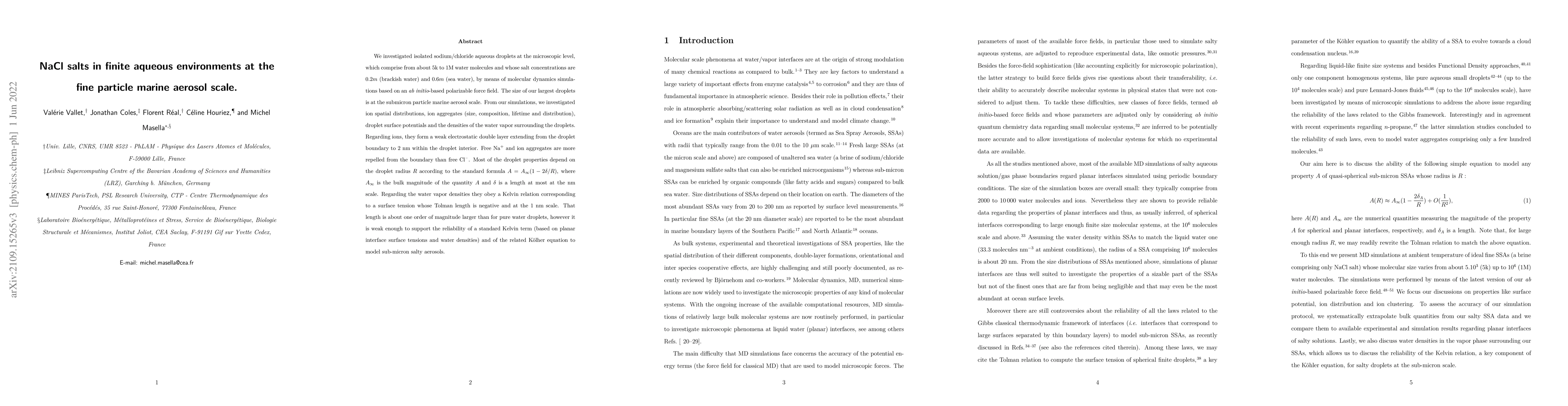 Thumbnail for NaCl salts in finite aqueous environments at the fine particle marine
  aerosol scale