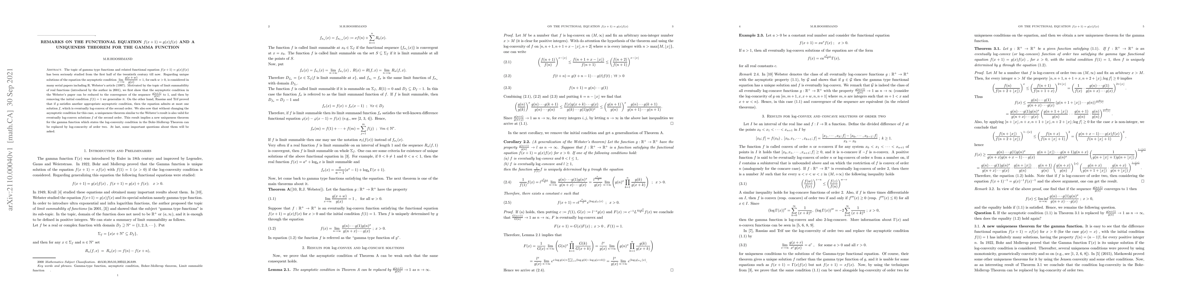Thumbnail for Remarks on the functional equation $f(x+1)=g(x)f(x)$ and a uniqueness
  theorem for the gamma function