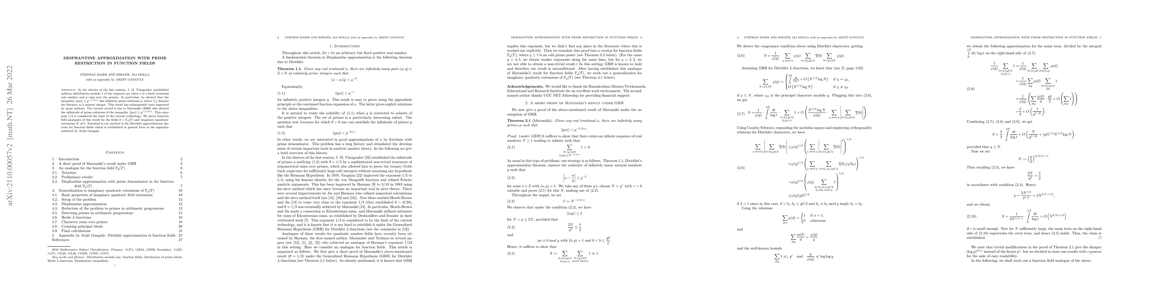 Thumbnail for Diophantine approximation with prime restriction in function fields