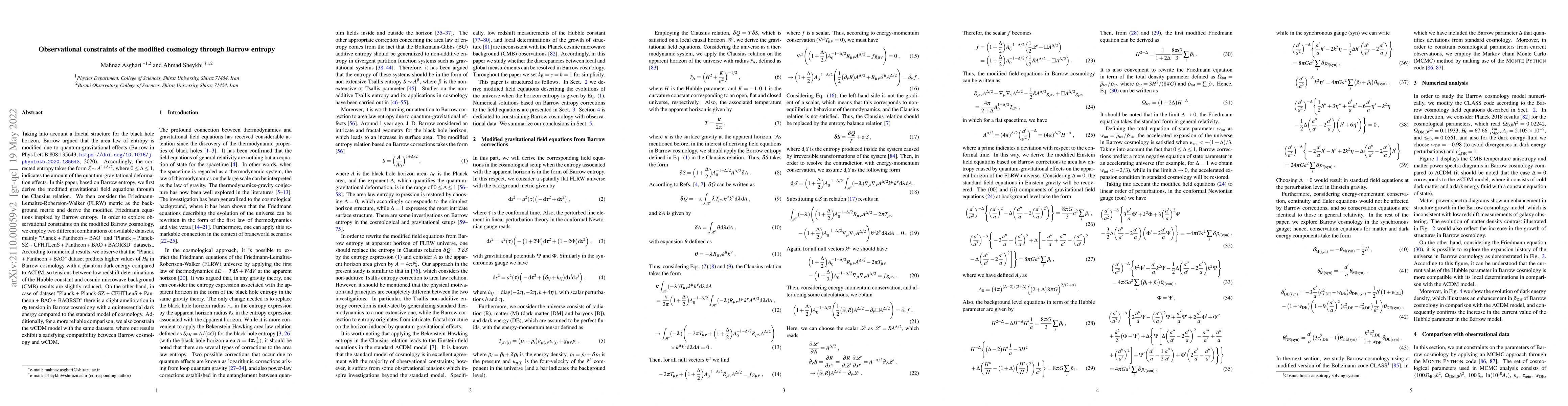 Thumbnail for Observational constraints of the modified cosmology through Barrow
  entropy