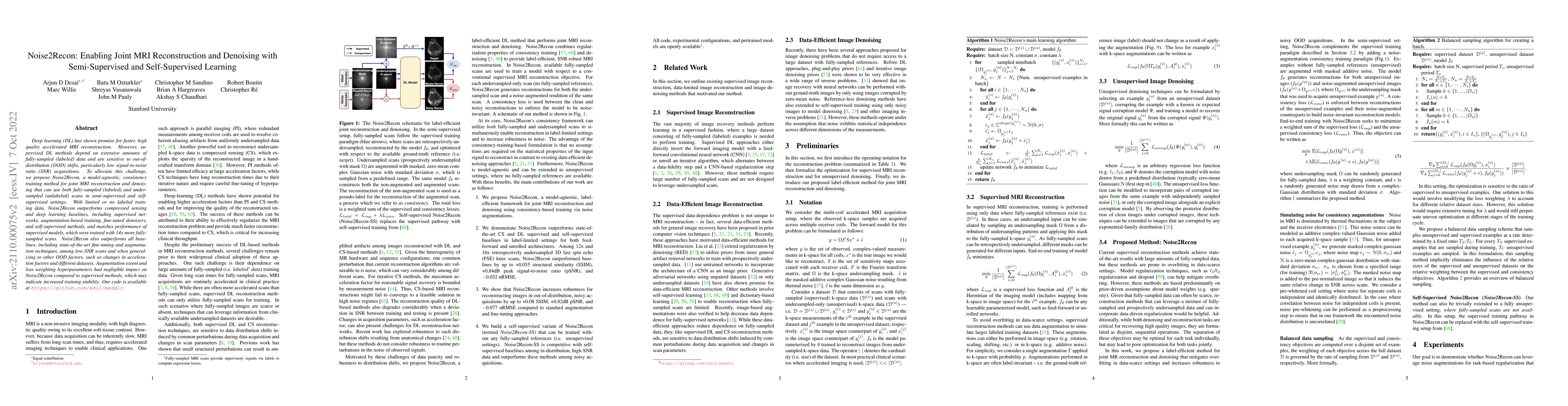 Thumbnail for Noise2Recon: Enabling Joint MRI Reconstruction and Denoising with
  Semi-Supervised and Self-Supervised Learning