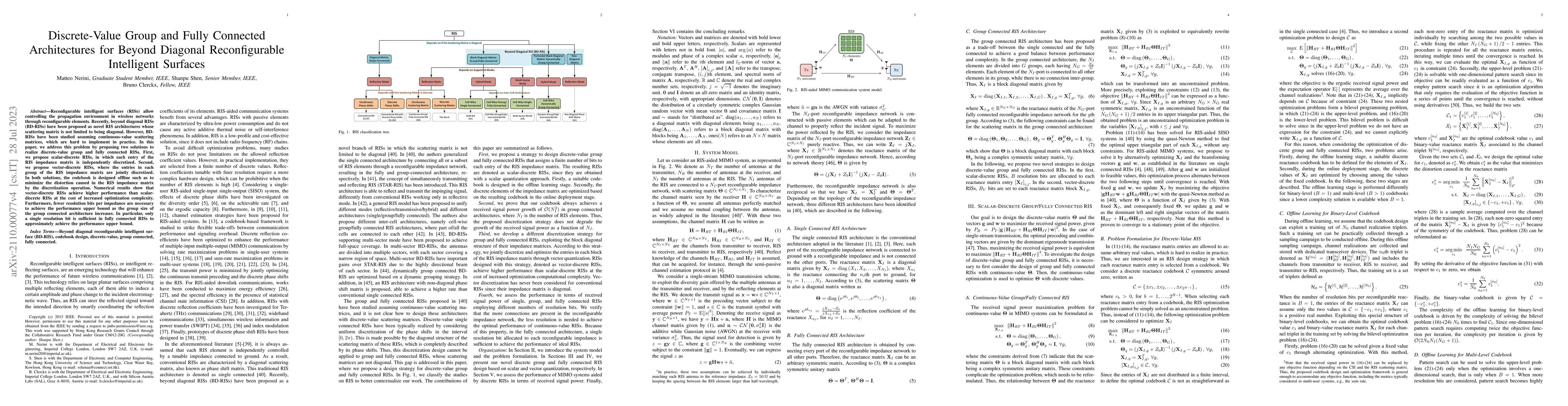 Thumbnail for Discrete-Value Group and Fully Connected Architectures for Beyond
  Diagonal Reconfigurable Intelligent Surfaces
