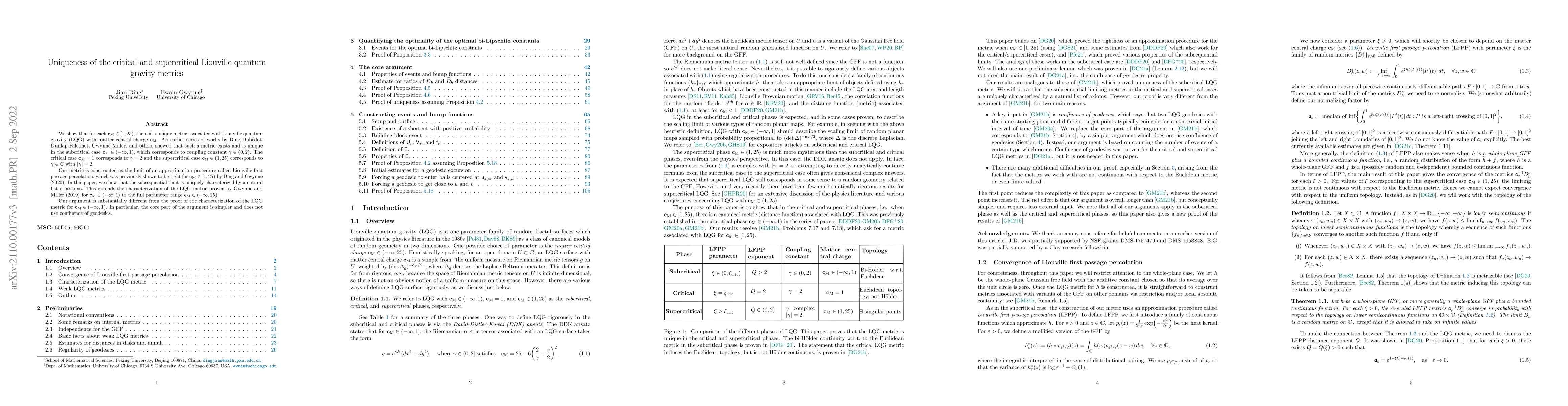 Thumbnail for Uniqueness of the critical and supercritical Liouville quantum gravity
  metrics