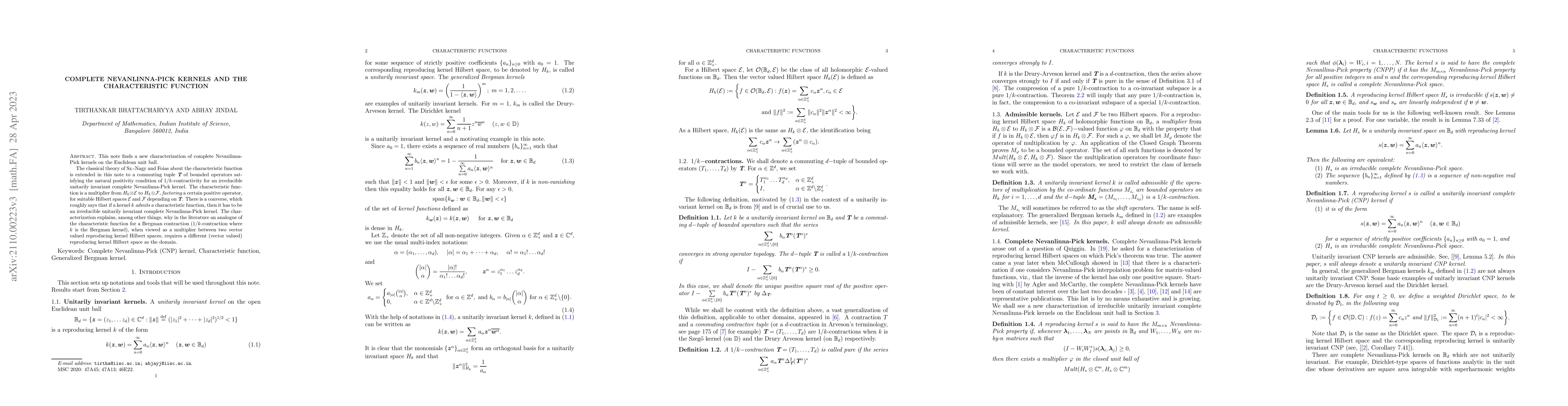 Thumbnail for Complete Nevanlinna-Pick kernels And The Characteristic Function