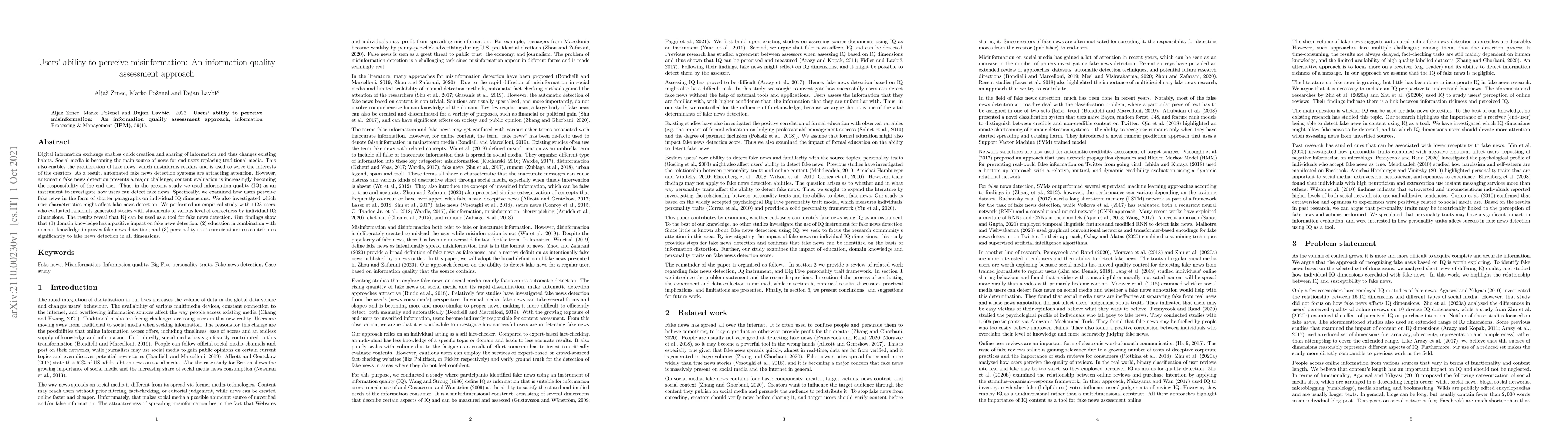 Thumbnail for Users' ability to perceive misinformation: An information quality
  assessment approach
