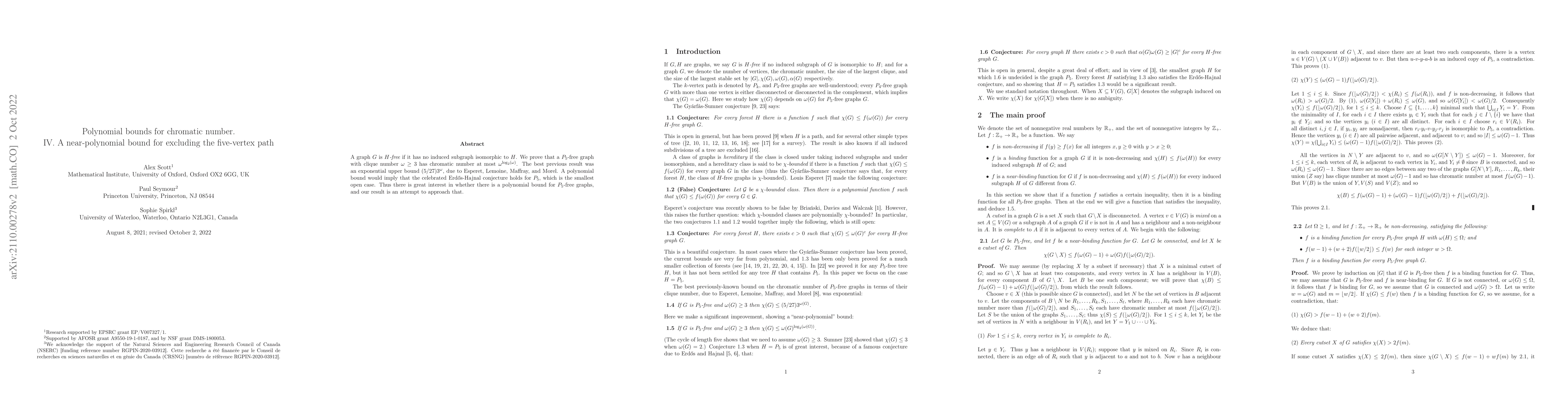 Thumbnail for Polynomial bounds for chromatic number. IV. A near-polynomial bound for
  excluding the five-vertex path
