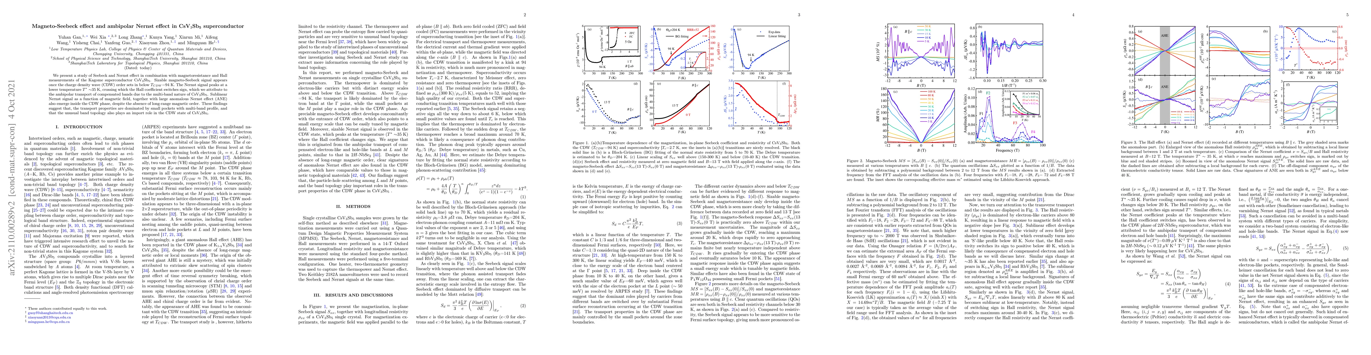 Thumbnail for Magneto-Seebeck effect and ambipolar Nernst effect in CsV$_3$Sb$_5$
  superconductor